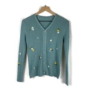 Retro V-Neck Floral Embroidered Ribbed Knit Sweater Pearl Detail Green Est S/M